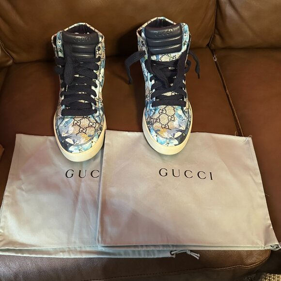 GUCCI LIMITED MEN'S BLOOM FLOWER BLUE SUPREME HIGH TOP GG CANVAS SNEAKER - Picture 2 of 16